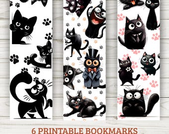 Whimsical Black Cat Bookmarks: Printable PDF Set for Book Lovers
