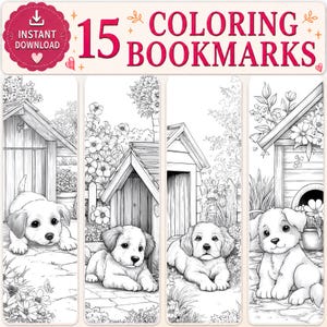 Segnalibri da colorare con cuccioli / 15 disegni di cani (PDF da scaricare 2x6 pollici)