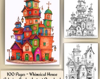 Whimsical Houses Coloring Book – 100 Pages for Adults | Instant Download PDF