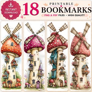 Whimsical Mushroom Windmill Printable Bookmarks – Fantasy Fairy House Reading Designs | PDF  PNG Files