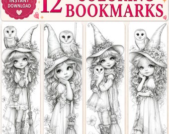 May include: A digital set of 12 coloring bookmarks featuring black and white line art of young characters wearing pointed hats with owls and brooms. The header text reads 12 COLORING BOOKMARKS and INSTANT DOWNLOAD in pink and red.