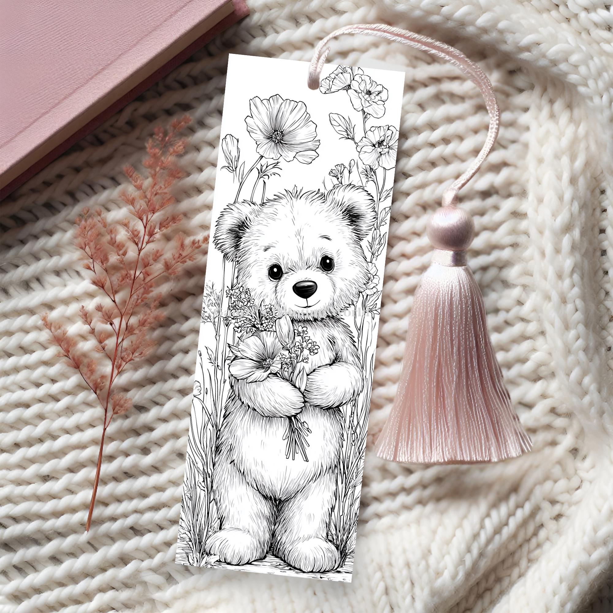 Teddy Bear Coloring Bookmarks | Floral Kids Craft (PDF Printable Set of ...