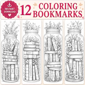 Op de afbeelding: Een digitale set van 12 kleur-bladwijzers met zwart-wit lijntekeningen van glazen potten gevuld met gestapelde boeken en botanische elementen. De koptekst bevat de tekst 12 COLORING BOOKMARKS en een icoon voor direct downloaden.