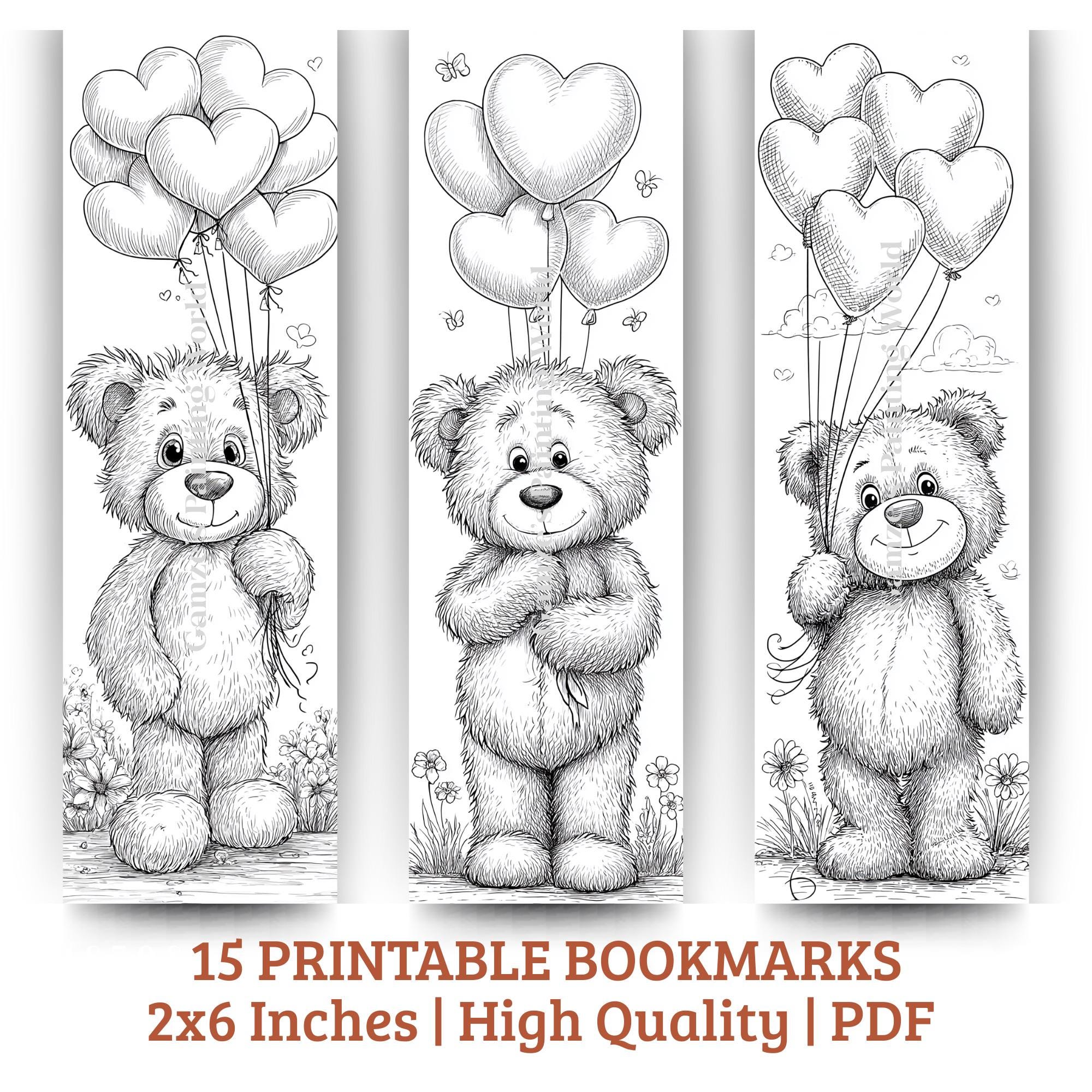 Teddy Bear Coloring Bookmarks | Heart Balloons, Kids Crafts (PDF ...