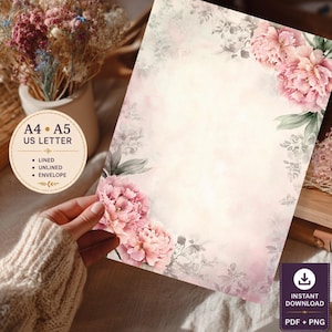 Blush Peony Watercolor Stationery Set – Printable Letter Writing Kit with Lined & Unlined Sheets + Envelope