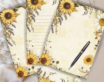 Sunflower & Daisy Printable Stationery Kit: Floral Stationary set with Lined/Unlined Sheets