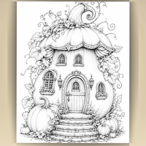 May include: A black and white line art illustration of a pumpkin-shaped house. The structure features a central arched door, multiple windows with ornate grilles, and stone steps. Vines and leaves surround the house, with smaller pumpkins at the base.