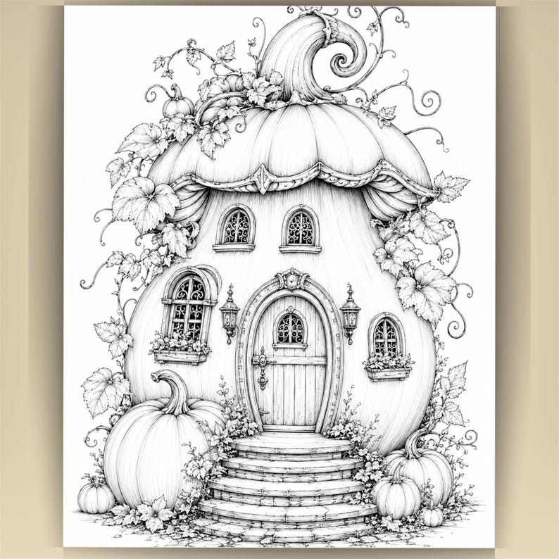 May include: A black and white line art illustration of a pumpkin-shaped house. The structure features a central arched door, multiple windows with ornate grilles, and stone steps. Vines and leaves surround the house, with smaller pumpkins at the base.