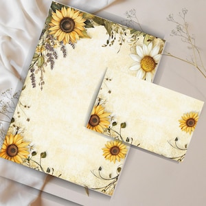 Juego de cartas de girasoles y margaritas: papelería floral imprimible, hojas con o sin rayas, papel de carta floral imprimible
