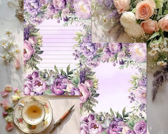 May include: Two sheets of stationery with a floral design featuring purple peonies and other flowers. One sheet is lined, the other is blank. A teacup and pen are also present, suggesting a theme of writing and correspondence.