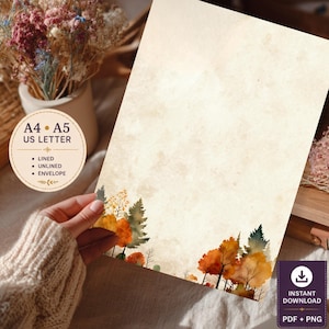 Autumn Forest Stationery Set: Watercolor Trees, Lined & Unlined (Printable Digital Download)