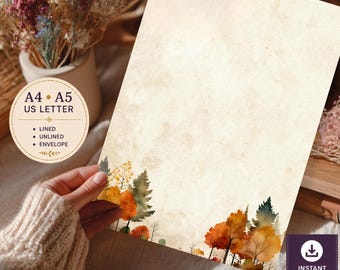 Autumn Forest Stationery Set: Watercolor Trees, Lined & Unlined (Printable Digital Download)