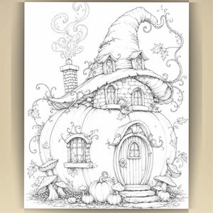 May include: A black and white line art illustration of a pumpkin-shaped house topped with a large, pointed witch hat roof. The structure features a chimney with swirling smoke, arched windows, a rounded wooden door, and surrounding mushrooms.