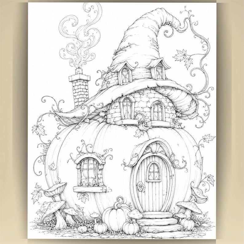 May include: A black and white line art illustration of a pumpkin-shaped house topped with a large, pointed witch hat roof. The structure features a chimney with swirling smoke, arched windows, a rounded wooden door, and surrounding mushrooms.