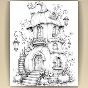 May include: A black and white line art illustration of a multi-story house shaped like a large pumpkin. The structure features a curved roof, arched windows, a balcony, a winding staircase, hanging lanterns, and vines with leaves.