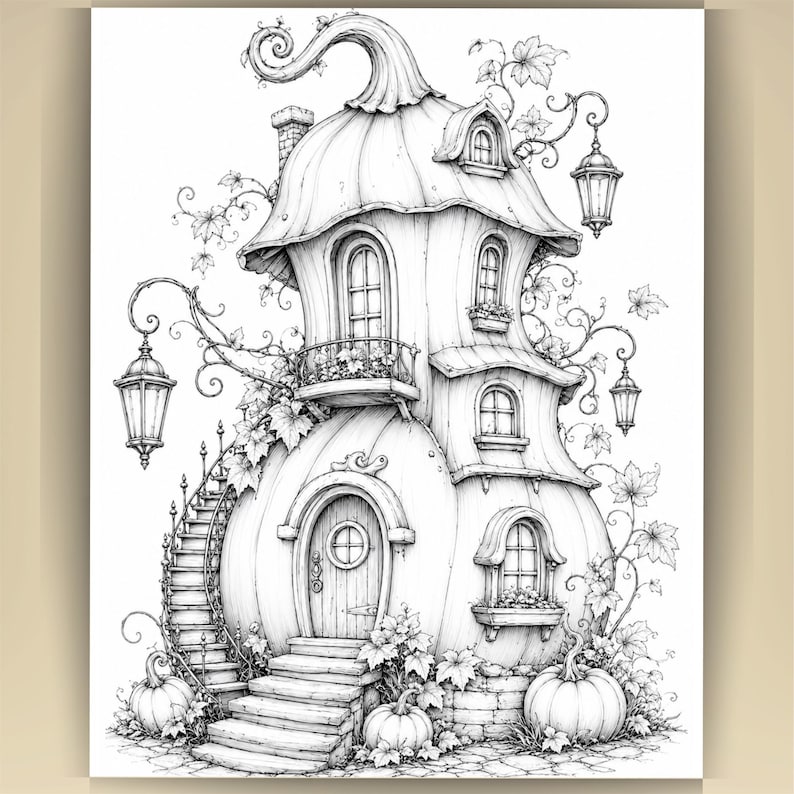 May include: A black and white line art illustration of a multi-story house shaped like a large pumpkin. The structure features a curved roof, arched windows, a balcony, a winding staircase, hanging lanterns, and vines with leaves.