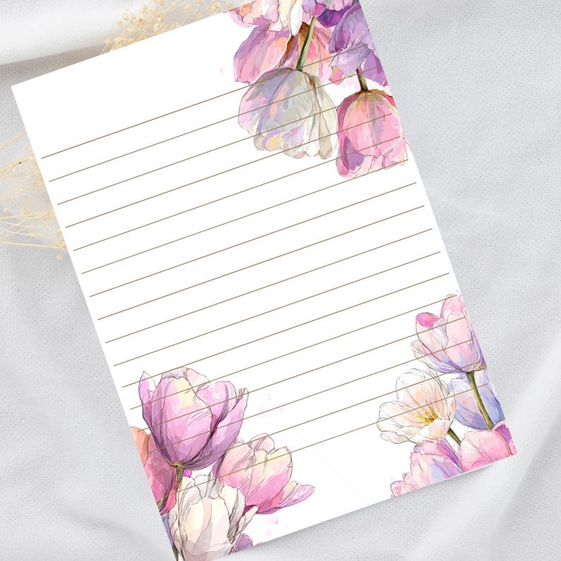 Romantic Tulip Stationery Set – Watercolor Floral Letter Paper (PDF PNG ...