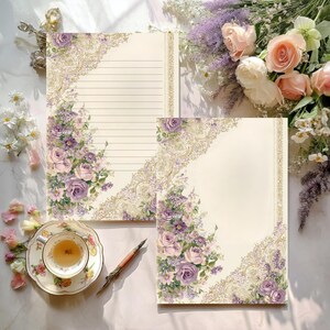 Conjunto de papel para cartas florais eduardianas – Papelaria botânica vintage com heléboros, borda de renda – PDF pautado e sem pauta, papelaria para impressão