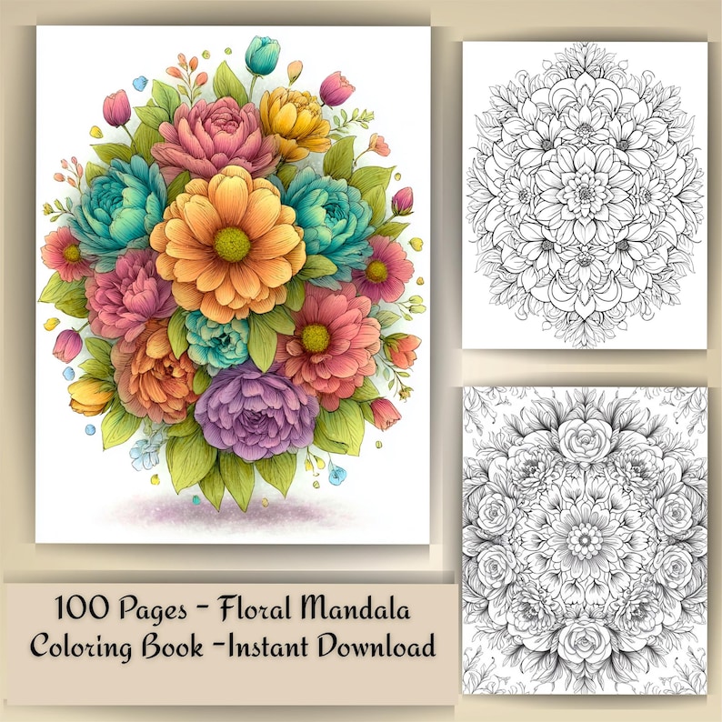 Floral Mandala Coloring Pages: Printable Mindfulness Art for Adults - 100 A4 Designs PDF image 1