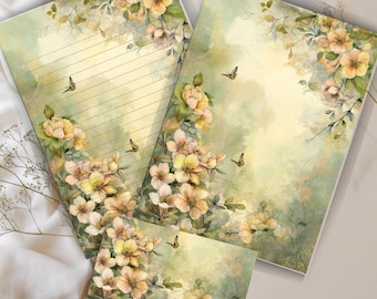 Vintage bloemenaquarel A4-papierset: gelinieerd en ongevoerd digitaal papier voor logboeken en brieven