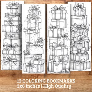 Può includere: Quattro segnalibri da colorare in bianco e nero con pile di scatole regalo con fiocchi. Il testo in basso recita "12 SEGNALIBRI DA COLORARE 5 x 15 cm | Alta Qualità". I segnalibri sono su una superficie di legno.