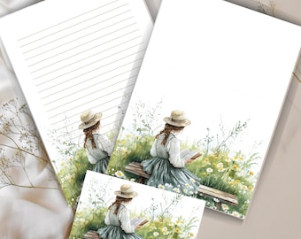 Vintage Meadow Reading Girl Stationery Set | Cottagecore A4 Writing Paper | Digital Download