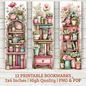 May include: Three printable bookmarks featuring watercolor illustrations of miniature bookshelves filled with books, succulents, and flowers. The bookmarks are 2 x 6 inches in size and are high quality PNG and PDF files.