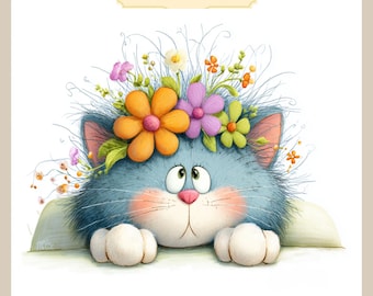 Flower Cat Clipart Set: 65 Colorful Cartoon JPG Images (Digital Download)