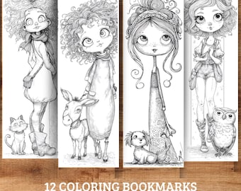 Coloring Bookmarks Whimsical Girl & Animal, Printable Bookmarks Set, 2x6 inch,