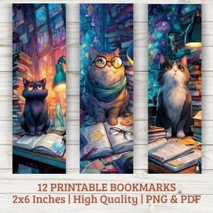 Puede incluir: Conjunto de tres marcapáginas imprimibles con ilustraciones de gatos en una biblioteca. Los marcapáginas muestran un gato negro, un gato con gafas y un gato blanco y negro. Cada gato está cerca de libros abiertos. El texto en la parte inferior dice "12 Printable Bookmarks 5x15 cm | High Quality | PNG & PDF".