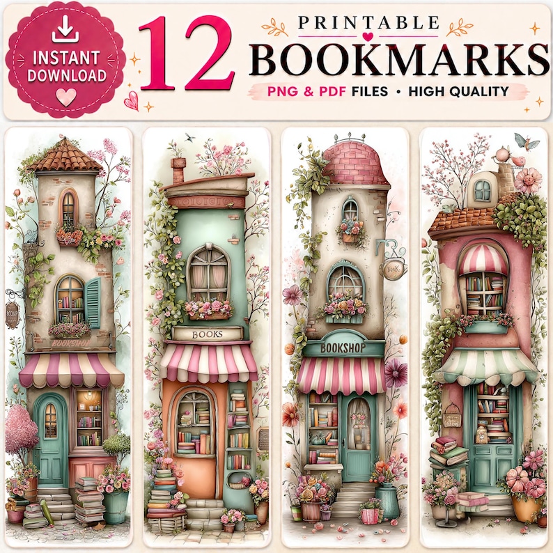 Whimsical Bookshop Printable Bookmarks – 12 Charming Bookstore Designs | Instant Download PDF & PNG image 2