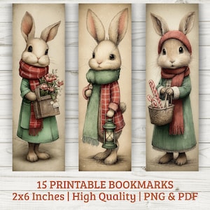 May include: Set of three printable bookmarks featuring illustrated bunnies in winter attire. Each bunny wears a scarf and coat, holding a lantern, basket of candy canes, or a flower basket. The bookmarks are 2x6 inches.