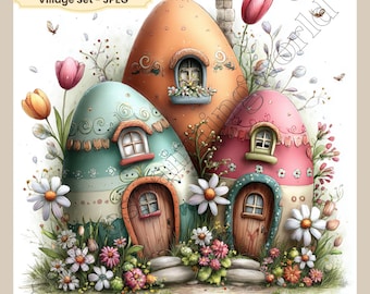 Whimsical Easter Village Clipart Set, Egg Cottages (Digital Download)