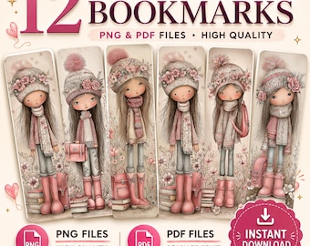 Whimsical Little Girl Printable Bookmarks – 12 Adorable Pastel Character Designs | Instant Download PDF & PNG