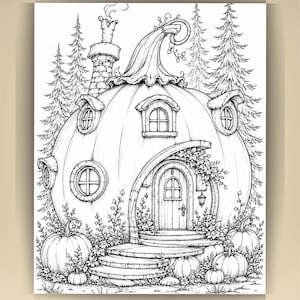 May include: A black and white line art illustration of a house shaped like a large pumpkin. The structure features a stone chimney with smoke, multiple round windows, and an arched wooden door. Several smaller pumpkins sit on the ground.