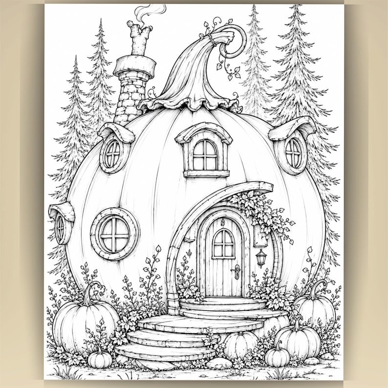 May include: A black and white line art illustration of a house shaped like a large pumpkin. The structure features a stone chimney with smoke, multiple round windows, and an arched wooden door. Several smaller pumpkins sit on the ground.