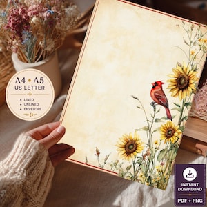 Vintage Cardinal Sunflower Printable Stationery Set - Letter Writing Kit with Envelope