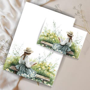 Carta da lettere "Ragazza che legge nel prato" - Set di cancelleria Cottagecore A4 / Righe e non + busta / Download digitale pastorale