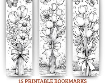 May include: Three black and white printable bookmarks featuring floral bouquets with tulips, daisies, and butterflies. Each bookmark has a large bow at the base of the flowers. The text at the bottom reads "15 Printable Bookmarks 2x6 Inches | High Quality | PDF".