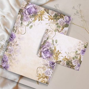 Papelería imprimible con rosas moradas vintage, hojas de notas con y sin rayas, kit para escribir cartas, suministros para amigos por correspondencia, papel floral para escribir.