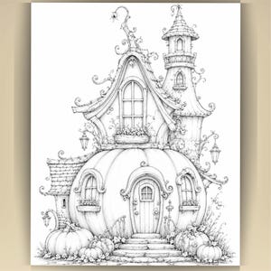 May include: A black and white line art illustration of a whimsical pumpkin-shaped house with a tall turret, arched windows, and a central door. The structure is adorned with swirling vines, hanging lanterns, and smaller pumpkins at the base.