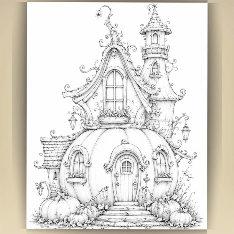 May include: A black and white line art illustration of a whimsical pumpkin-shaped house with a tall turret, arched windows, and a central door. The structure is adorned with swirling vines, hanging lanterns, and smaller pumpkins at the base.