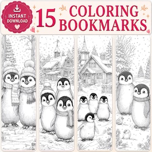 Winter Penguin Coloring Bookmarks, Cozy Reading (PDF Pattern)