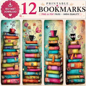 Whimsical Book Stack Bookmarks | Colorful Fantasy Reading Designs (PDF & PNG)