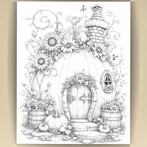 May include: A black and white line art illustration of a pumpkin house featuring a central arched wooden door, a small oval window, and a brick chimney. The structure is adorned with sunflowers, vines, butterflies, and two wooden barrels.