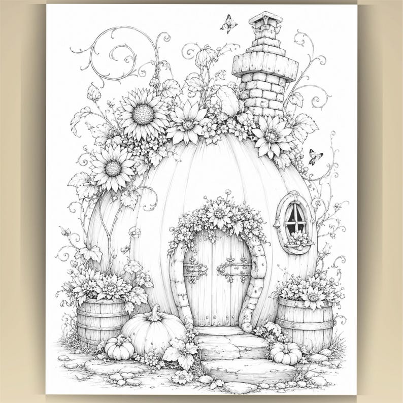 May include: A black and white line art illustration of a pumpkin house featuring a central arched wooden door, a small oval window, and a brick chimney. The structure is adorned with sunflowers, vines, butterflies, and two wooden barrels.