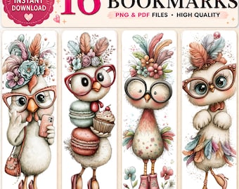 Whimsical Chicken Watercolor Bookmarks – 16 Designs (PDF PNG)