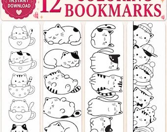 Coloring Cat Bookmarks: Printable Black & White Designs (PDF Download Set, 2x6 in)