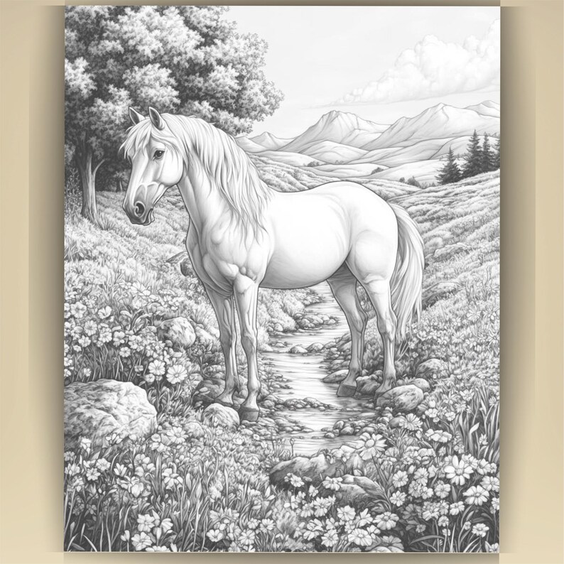 Horse Coloring Book for Adults: Countryside Scenes PDF (73 Pages) (Digital Download image 12