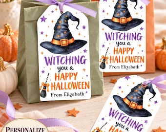 May include: Three rectangular white gift tags featuring a watercolor illustration of a black witch hat with an orange band and gold stars. The text reads "WITCHING you a HAPPY HALLOWEEN From Elizabeth" with a small broomstick icon and purple ribbon.